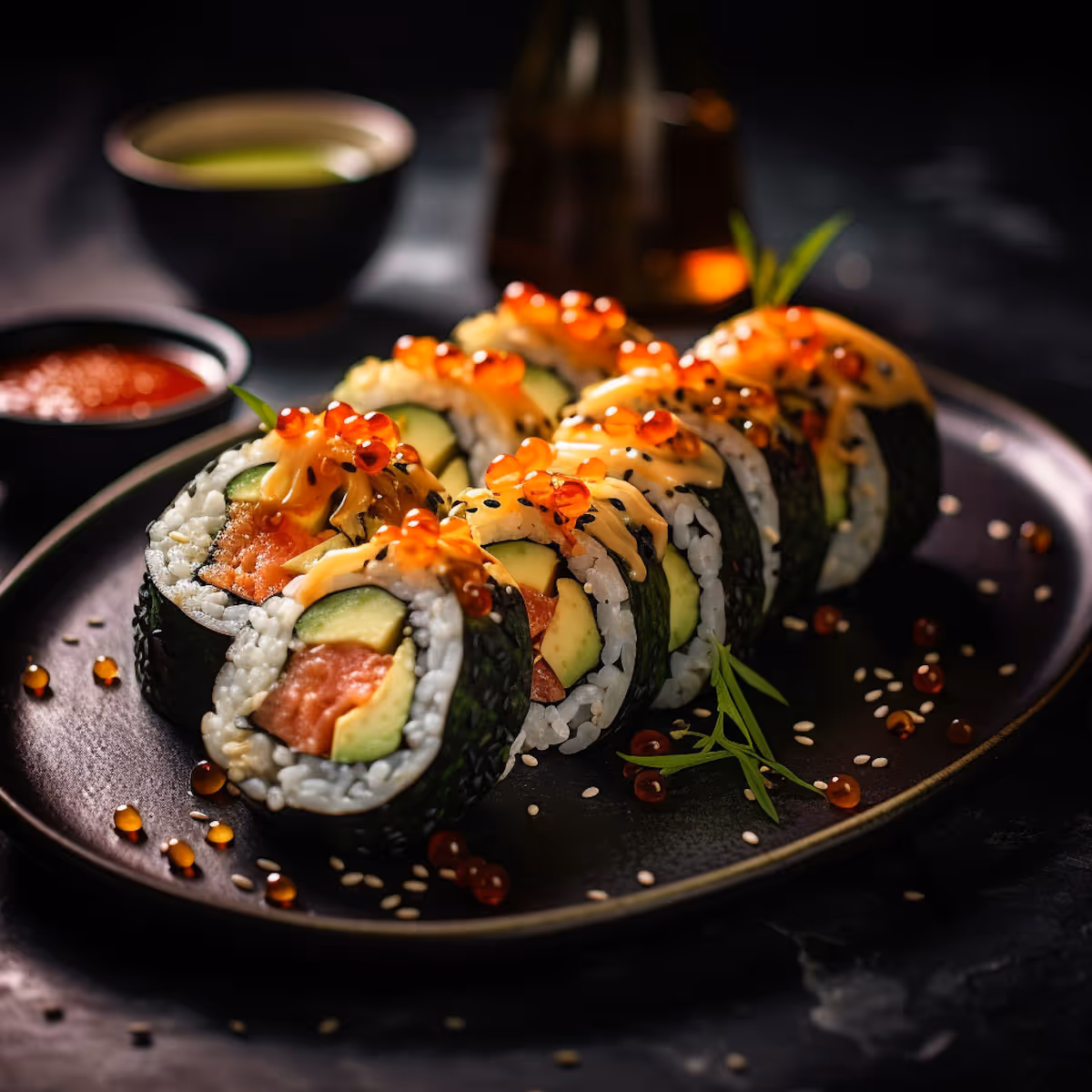 Plate of sushi rolls with avocado, salmon, topped with orange fish roe and sauce, garnished with greens and sesame seeds.