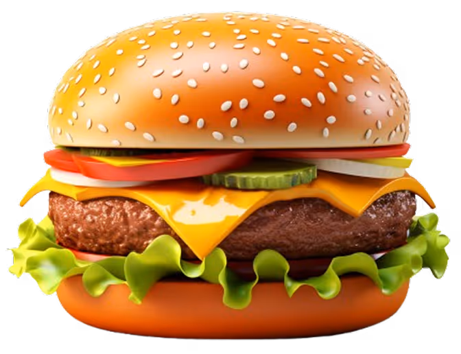 Cheeseburger with sesame seed bun, lettuce, tomato, pickles, onions, cheddar cheese, and beef patty.